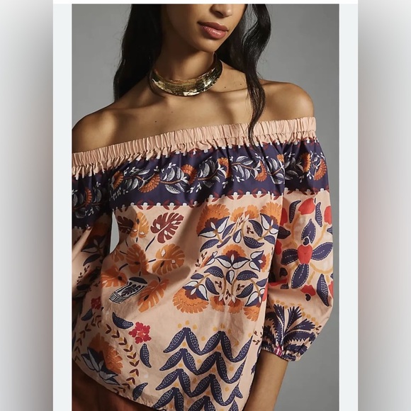 FARM Rio Tops - Farm Rio Off the Shoulder Tropical Bohemian Printed Poplin Top Medium.